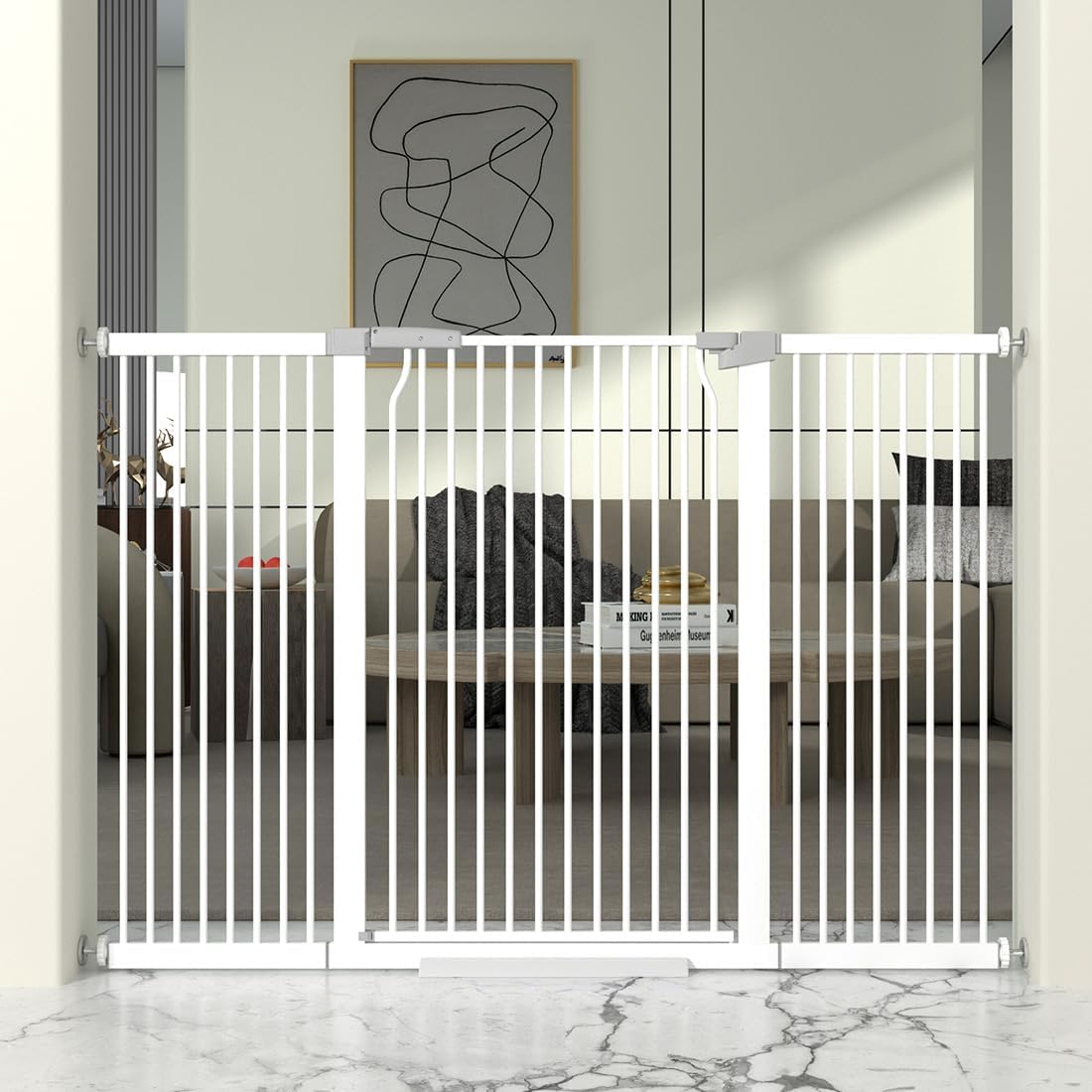 41" Extra Tall Cat Gate for Doorway, 49.2-54.7 Metal Pet Baby Safe Gate, Extra Wide Pressure Mounted Child Door with Expansion Kit, No Drilling No Climb Cat Fence Indoor, Tall Dog Gate, White
