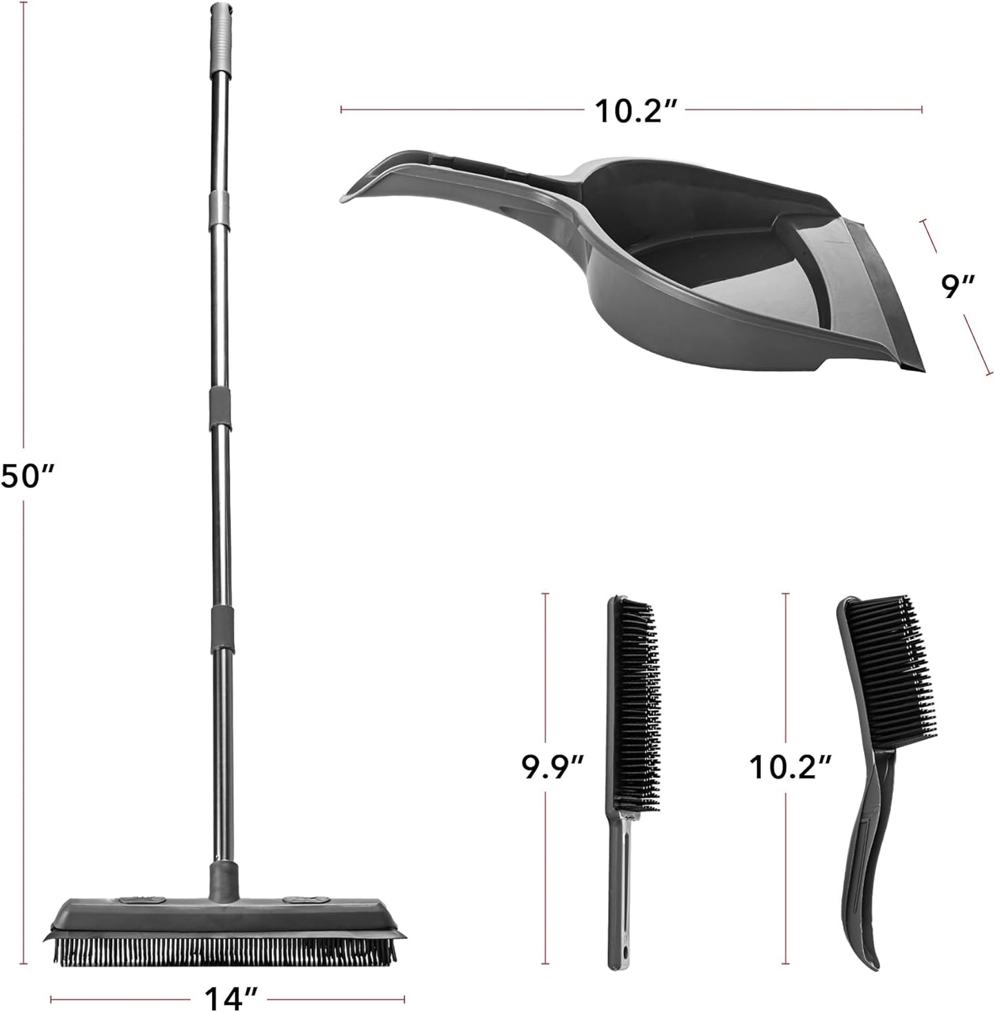 OVENTE Carpet Rake Rubber Broom for Pet Hair Removal with Squeegee, Detailing Lint Fur Remover Brush, Dustpan and 50” Handle, Cleaning Tools Set for Rug, Hardwood Floor, Tile and Window, Grey CT2504GY