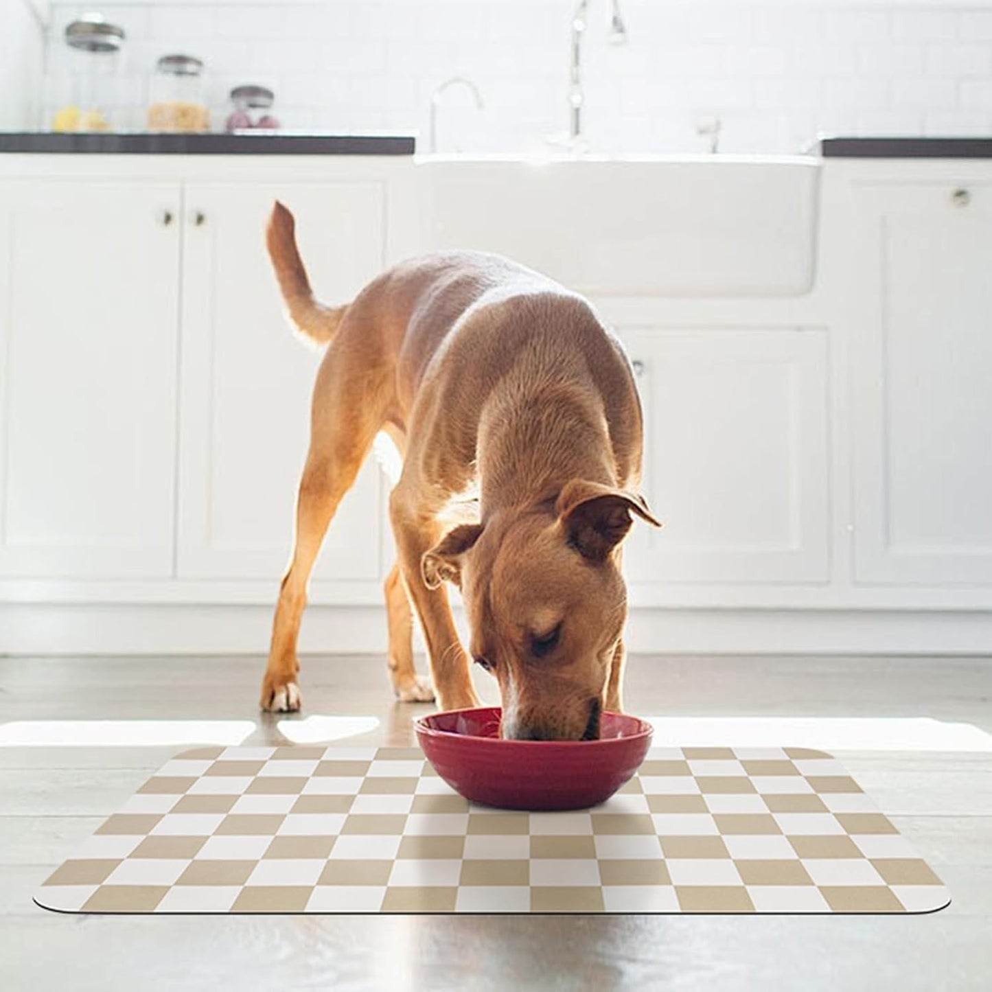 CooRug Checkered Dog Food Mat, Absorbent Leak-Proof Pet Feeding Mat, Quick Dry Cat Food Mat for Messy Drinkers 12" x 20" Khaki