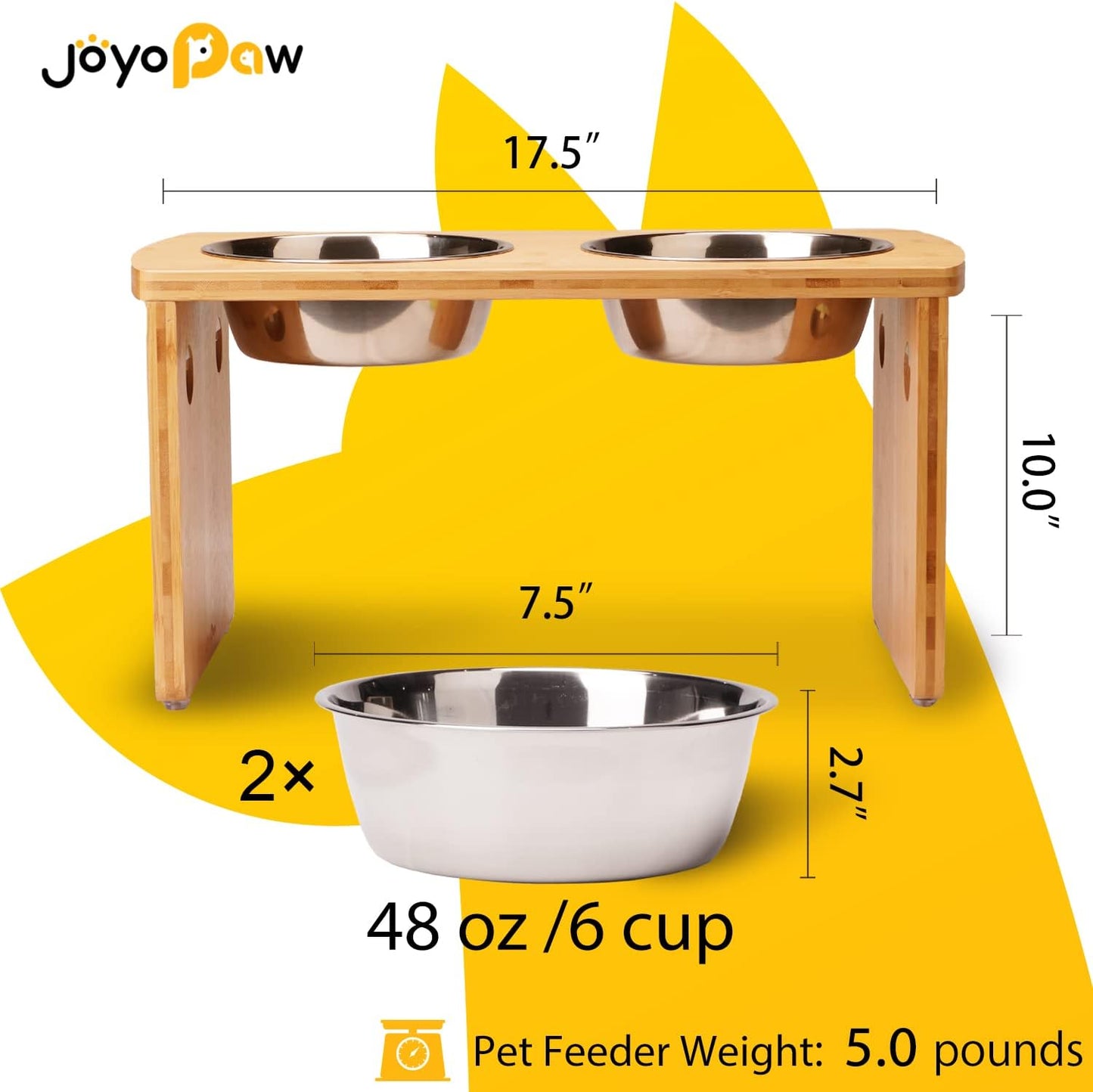 Elevated Dog Bowls, Bamboo Raised Dog Bowl for Medium Dogs, with 2 Stainless Steel Bowls (7'' Tall-40 oz Bowl)