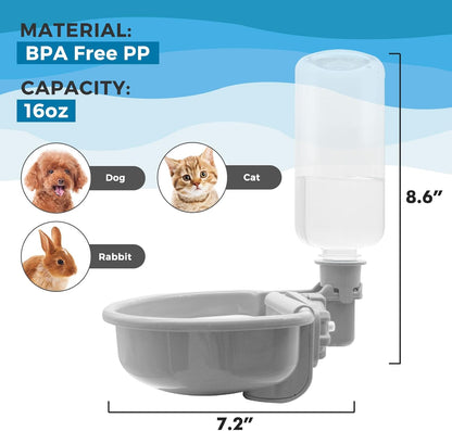 VANNON 16oz Pet Water Bottle, Gravity Dog Water Bowl Dispenser for Cage, Anti-Overflow Water Dispenser for Small Dogs, Cats, Rabbits and Other Small Animals, BPA Free, Grey