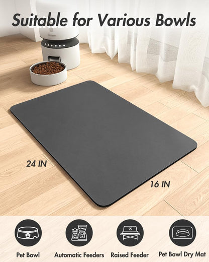 MontVoo Dog Food Mat-Pet Feeding Mat for Food and Water-No Stains Quick Dry Dispenser Cat Bowl Mat for Messy Drinkers(12"x19" Dark Grey)
