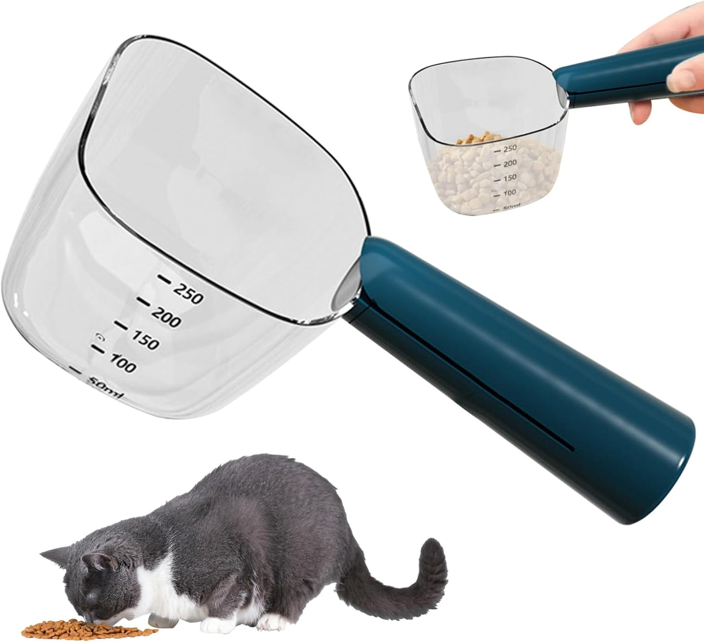 Dog Food Measuring Cup with Scale, Accurate Pet Food Scoop with Dog Bag Clips, Multi-Functional ABS Cat Spoon for Indoor, Travel Outdoor, Blue