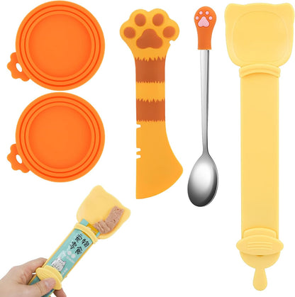 5 PCS Cat Food Can Covers Lids Set, Silicone Pet Food Can Lids with Multi-Function Cat Food Spoon and Opener, Cat Bar Squeezer, Stainless Steel Wet Food Spoon for Cats and Dogs (Pink) (Pink)