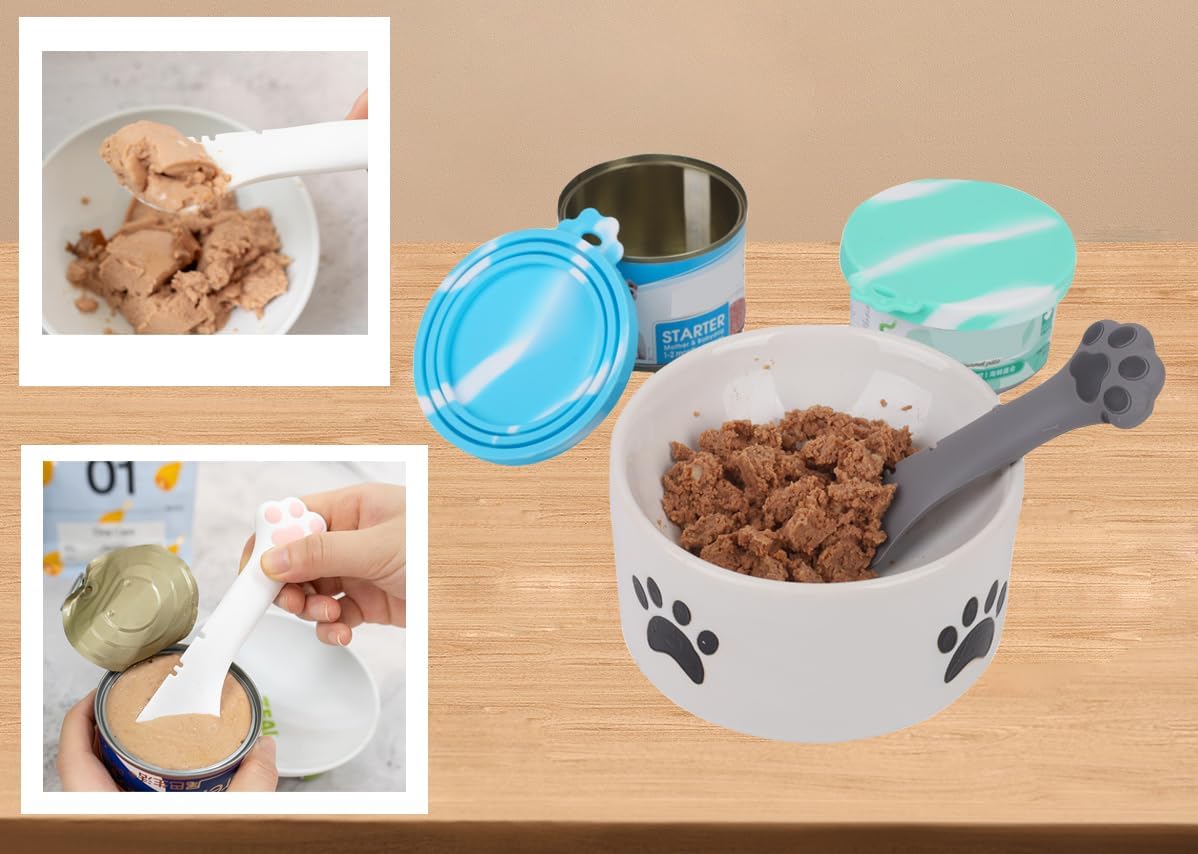 Comtim 5 PCS Pet Food Can Lids & Spoons Set - Silicone Dog Cat Covers With Multi-Function Spatula Opener for Wet Food - Long Handle Easy to Scoop