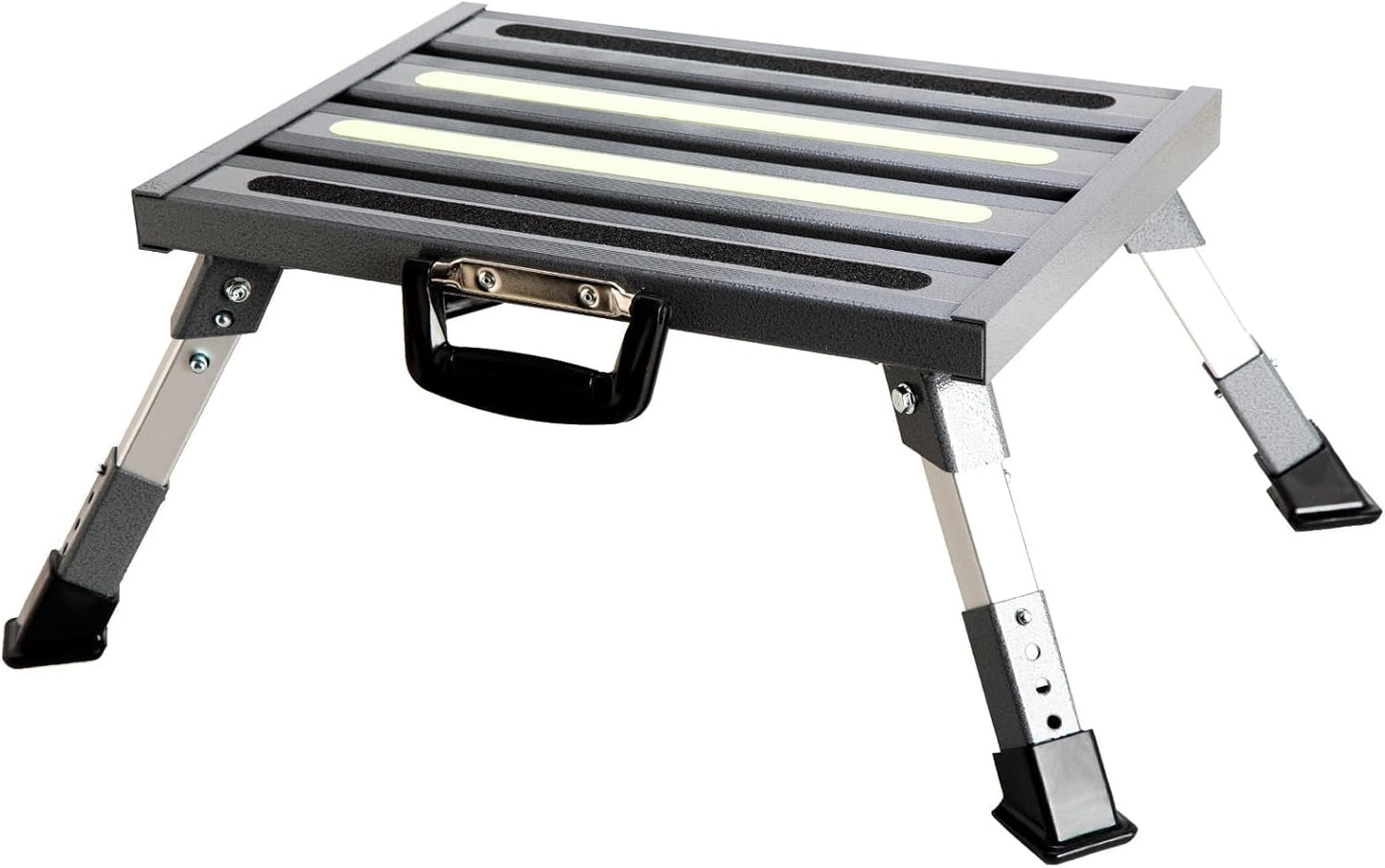 Aluminum RV Steps, 4-Level Adjustable Folding Step Stool with Non-Slip Rubber Feet, Non-Slip Fluorescent Strip Platform Rv Accessories, Supports Up to 1000 lbs - Black