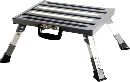 Aluminum RV Steps, 4-Level Adjustable Folding Step Stool with Non-Slip Rubber Feet, Non-Slip Fluorescent Strip Platform Rv Accessories, Supports Up to 1000 lbs - Black