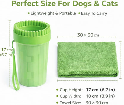 Dog Paw Cleaner Cup with Towel, Pet Paw Cleaner for Dogs & Cats, Portable Muddy Paw Washer with Soft Silicone Bristles, Deep Cleaning Paw Washer Cup (Blue)