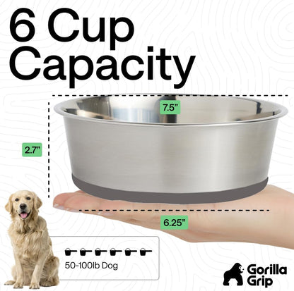 GORILLA GRIP Dog Bowls, Food Grade 304 Stainless Steel, Holds 2 Cups Each (16 fl oz) Food and Water Bowl for Feeding Dogs and Cats, Dishwasher Safe, Rust Resistant, BPA Free Rubber Base Set of 2 Black