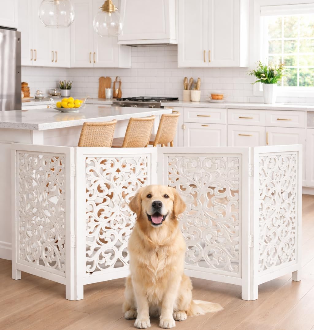 Freestanding Pet Gate for Dogs, Foldable Wooden Dog Gate for House, Indoor Dog Gate for Stair, Doorway, House Design Gates for Dogs Indoor, 72 Inch Wide, (18" x4 Panels 72 inch), Burnt Finish