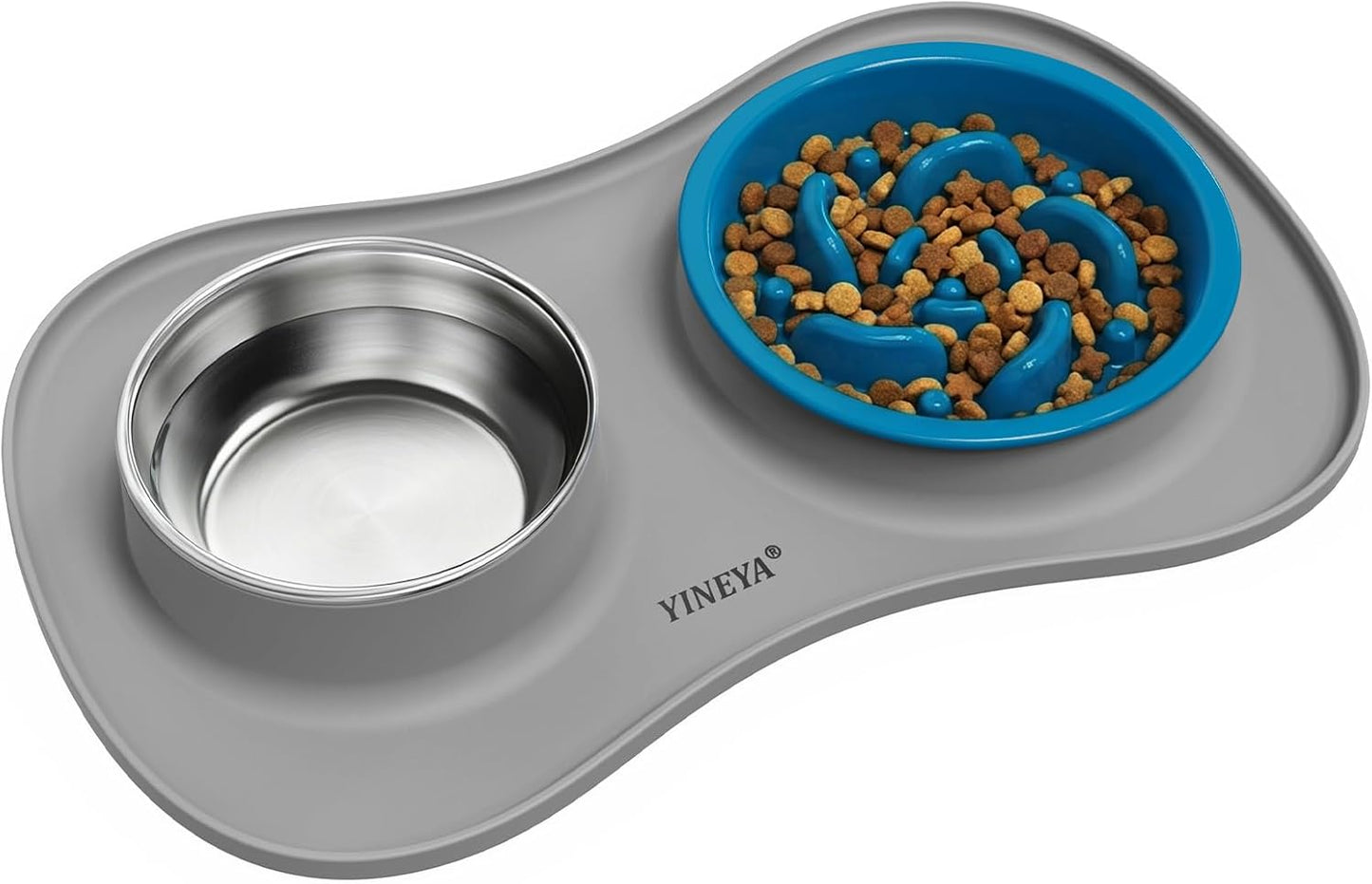 YINEYA 3 in 1 Slow Feeder Dog Bowls & Stainless Steel Food and Water Bowl with Non-Spill Dog Bowl Mat, Anti-Choking Puppy Bowls, Floor Safe & Easy Clean for Large Medium Small Dogs Cats
