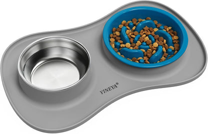 YINEYA 3 in 1 Slow Feeder Dog Bowls & Stainless Steel Food and Water Bowl with Non-Spill Dog Bowl Mat, Anti-Choking Puppy Bowls, Floor Safe & Easy Clean for Large Medium Small Dogs Cats