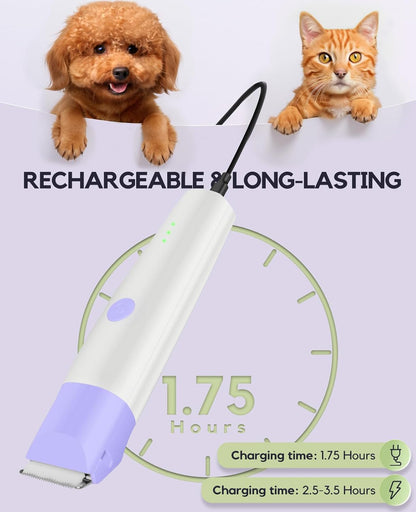 Dog Clippers Grooming Kit, 4 in 1 Quiet Cordless Dog Paw Trimmer & Nail Grinder, Small Cat Clippers Electric Rechargeable Low Noise Pet Shaver for Trimming Hair on Paw Eye Ear Face Rump (Pink)