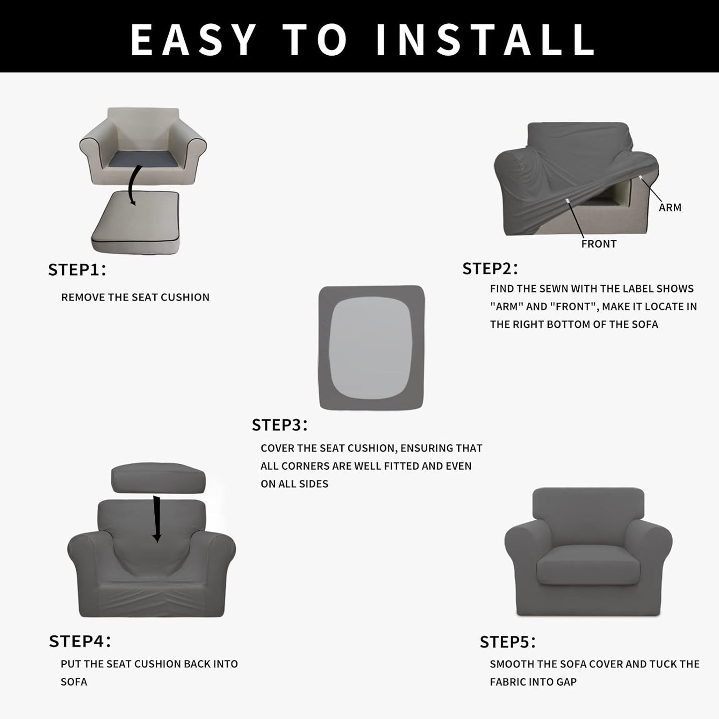 Easy-Going 100% Dual Waterproof 4 Pieces Stretch Soft Couch Cover for Dogs, Sofa Slipcover for 3 Separate Cushion Couch Leakproof Furniture Protector for Kids, Pets Dark Gray