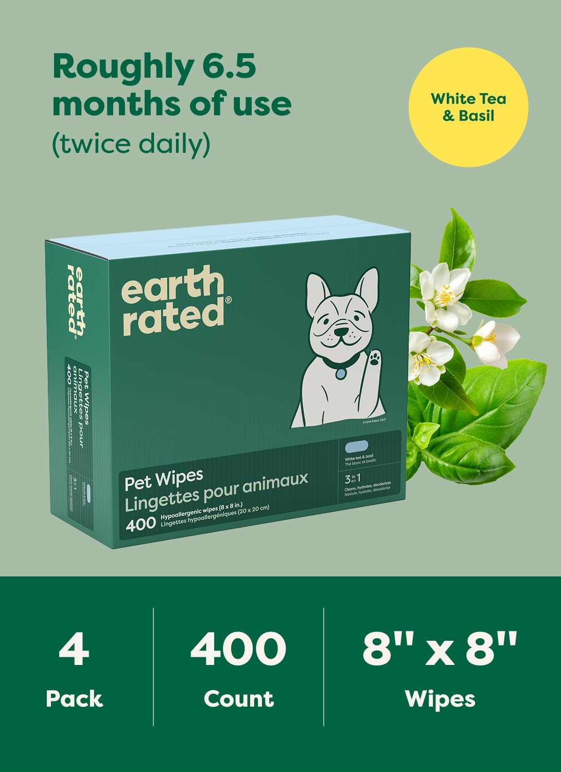 Earth Rated Dog Wipes, Hypoallergenic, Cleaning and Hydrating, for Grooming Paws, Body and Butt, Lavender Scented, 400 Count