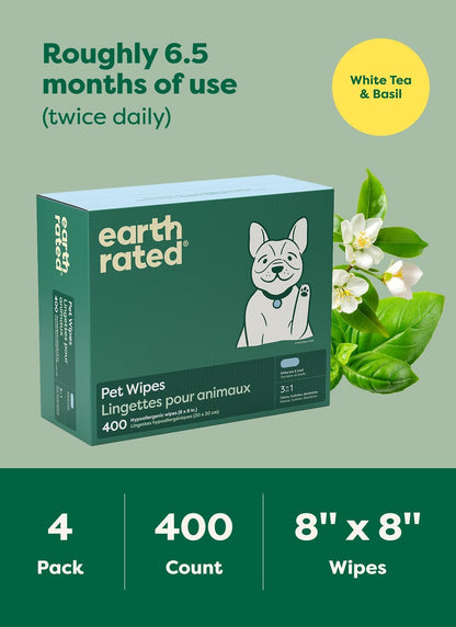 Earth Rated Dog Wipes, Hypoallergenic, Cleaning and Hydrating, for Grooming Paws, Body and Butt, Lavender Scented, 400 Count