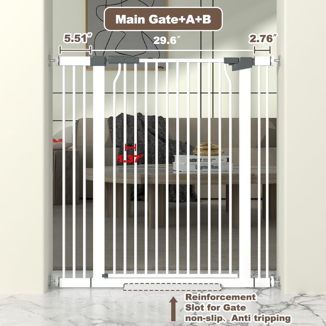 41" Extra Tall Cat Gate for Doorway, 49.2-54.7 Metal Pet Baby Safe Gate, Extra Wide Pressure Mounted Child Door with Expansion Kit, No Drilling No Climb Cat Fence Indoor, Tall Dog Gate, White