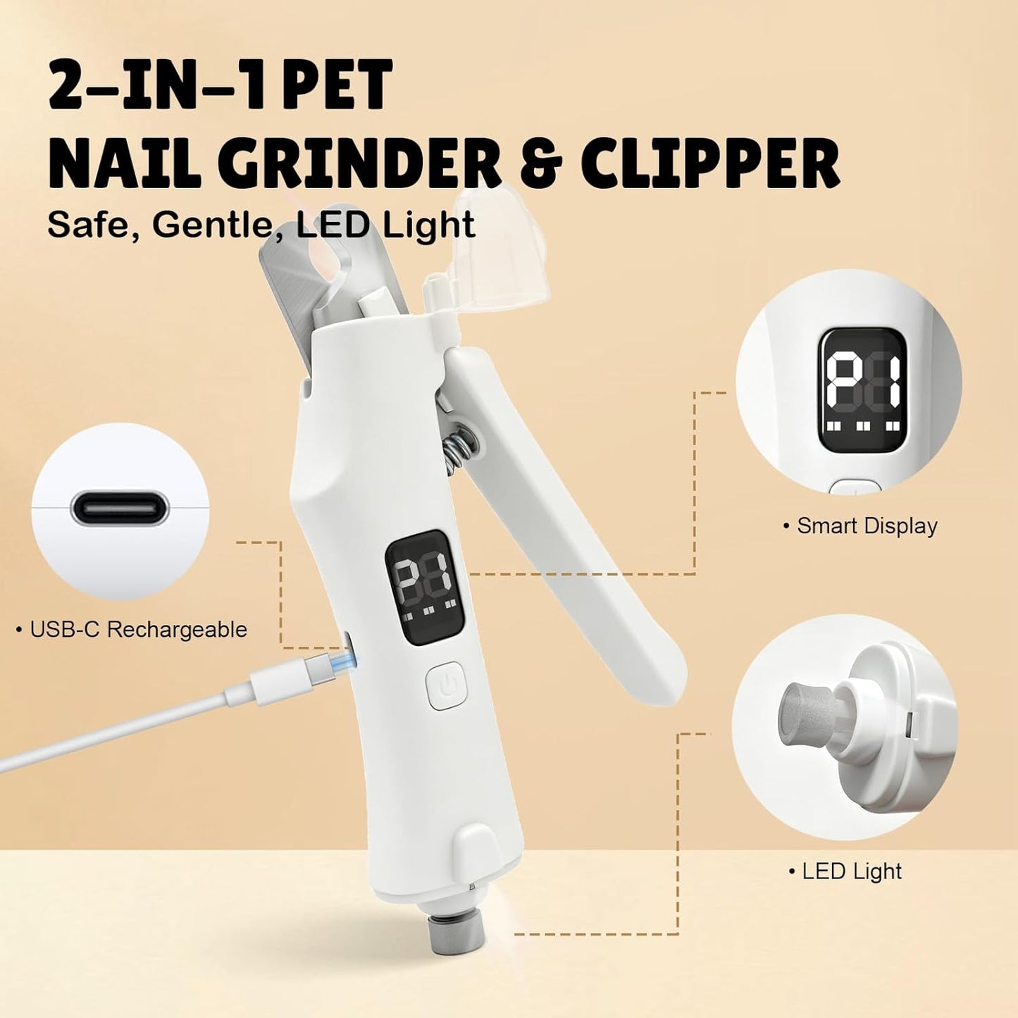 2-in-1 Dog Nail Clippers and Grinder with LCD Battery Display - Professional Cat Claw Trimmer with Built-in Safety Light & Guard, Ultra Quiet Rechargeable Pet Claw Grooming Tool for Large & Small Pets