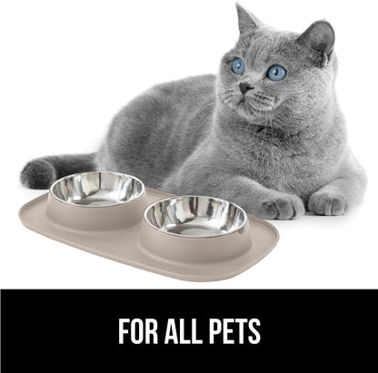 GORILLA GRIP Feeding Mat Set, Patent Pending 100% Waterproof BPA Free Silicone, Stainless Steel Cat and Dog Bowls, Slip Resistant, 1 Black mat/tray with 2 stainless steel bowls