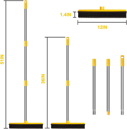 Rubber Broom for Pet Hair Removal, Carpet rake with Squeegee for Cleaning Pet Hair, 52 inch Long Handle Rubber Broom,Dual-Sided for Small Fluff Carpet, Hardwood Floor, Tile,Orange