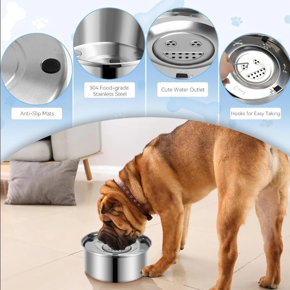 Stainless Steel Dog Water Bowl No Spill, 101oz/3L Pet Water Bowl for Dogs, Floating Disk Slow Drink Anti-Gulping Splash Proof Slow Feeder Bowls for Dog Cat, Travel Outdoor Car Home