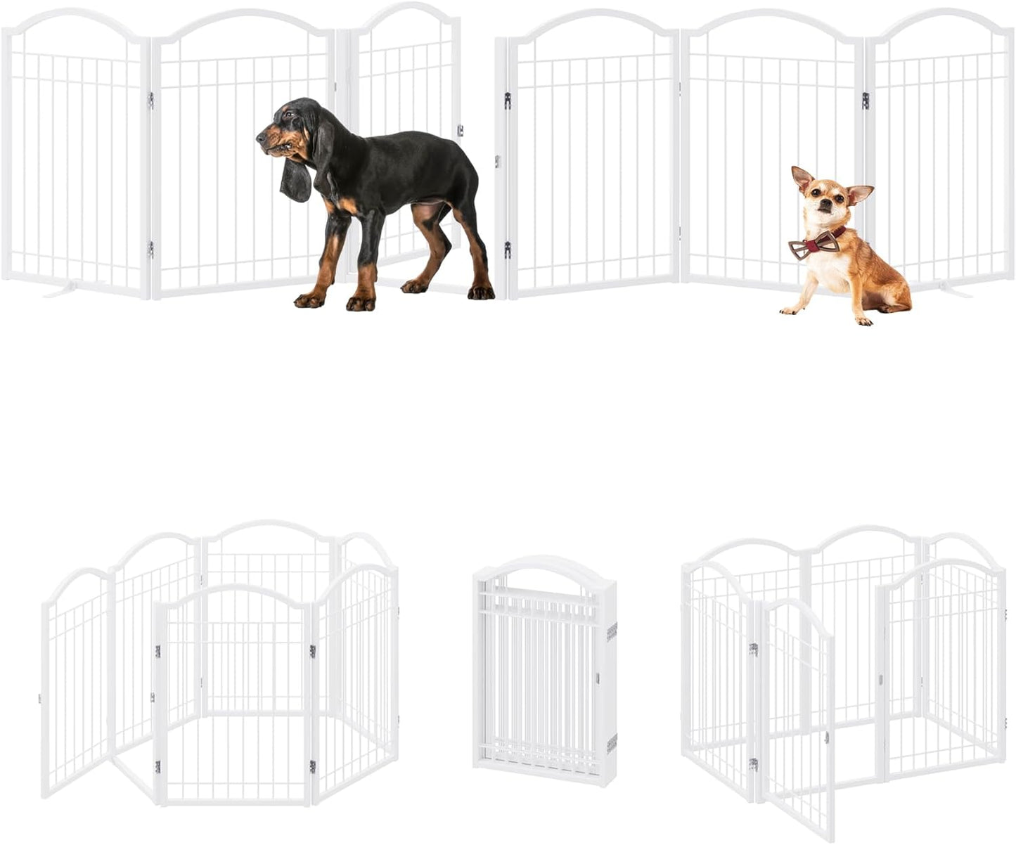 BHG Metal No-Assembly Freestanding Dog Gate with Door Walk Through, Extra Wide 144", Extra Tall 32" Pet Gate, Accordion Puppy Folding Playpen Dog Fence, with 2PCS Support (Black, 6 panesl)