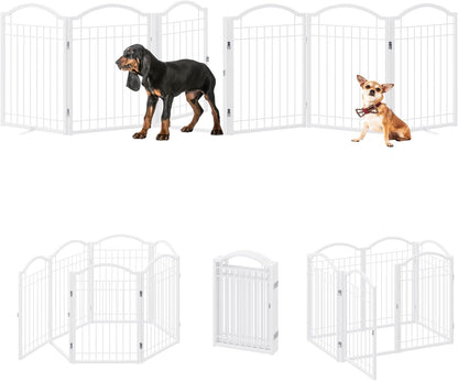 BHG Metal No-Assembly Freestanding Dog Gate with Door Walk Through, Extra Wide 144", Extra Tall 32" Pet Gate, Accordion Puppy Folding Playpen Dog Fence, with 2PCS Support (Black, 6 panesl)