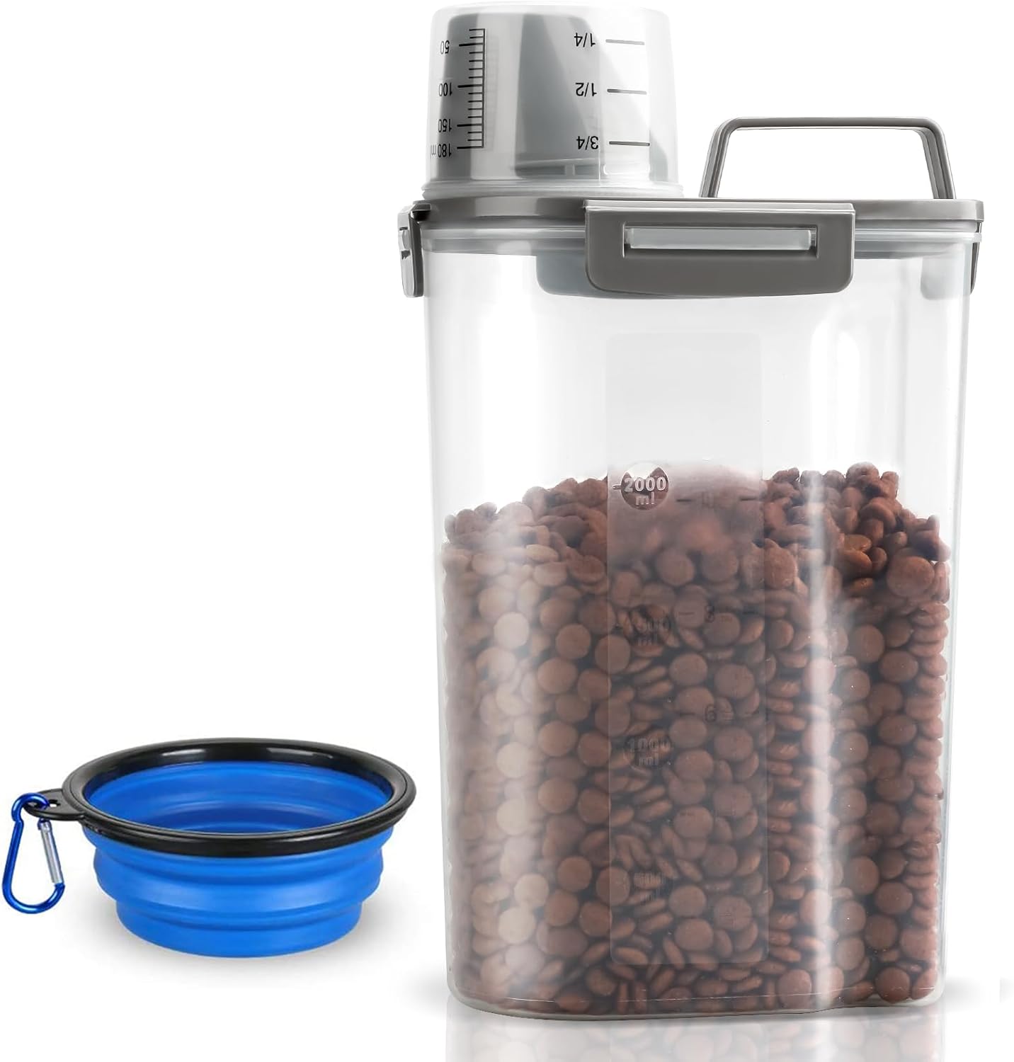 TIOVERY Dog Food Storage Container, 5-7 Lbs Airtight Pet Food Container, Cat Food Container Dispenser Plastic Bin with Pouring Spout, Portable Handle and a Collapsible bowl for Dogs Cats Grey/6Qt
