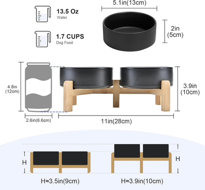 SPUNKYJUNKY Elevated Dog Bowls Ceramic, 6.1'' Dogs and Cat Food Water Bowls Raised with Non-Slip Bamboo Stand for Medium Sized Breed Microwave Dishwasher Safe - 28.7 OZ,Beige