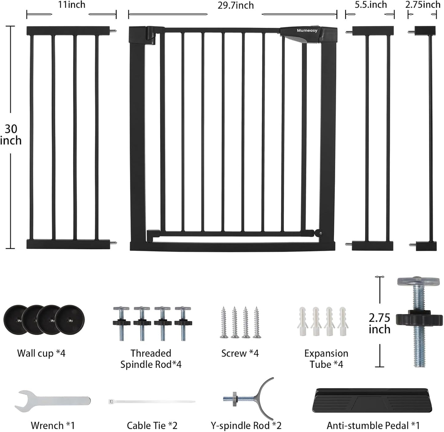 Mumeasy Baby Gate Extra Wide, 29.7-51'' Pressure Mounted Dog Gate with Walk Thru Door, Auto Close Pet Gate for House, Stairs, Doorways,Black