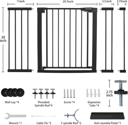 Mumeasy Baby Gate Extra Wide, 29.7-51'' Pressure Mounted Dog Gate with Walk Thru Door, Auto Close Pet Gate for House, Stairs, Doorways,Black