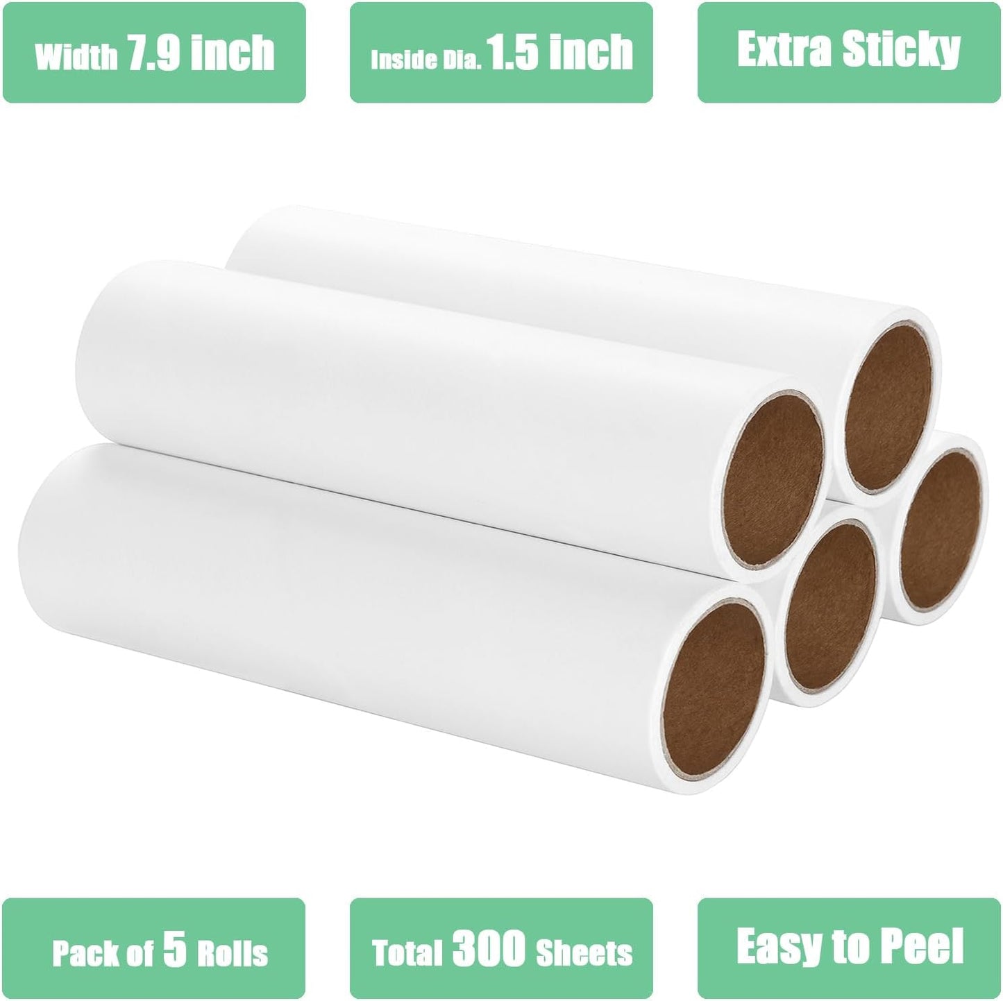 7.5 inch Lint Roller Refills Only, Pet Hair Remover Refills for Clothes Carpet Floor Couch, Extra Sticky Lint Brush Roller Refills, Pack of 5 Rolls, Total 300 Sheets (7.5'' Wide)