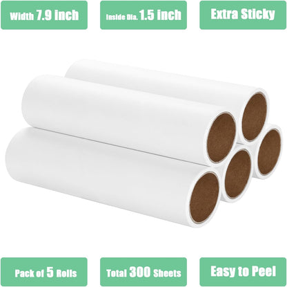 7.5 inch Lint Roller Refills Only, Pet Hair Remover Refills for Clothes Carpet Floor Couch, Extra Sticky Lint Brush Roller Refills, Pack of 5 Rolls, Total 300 Sheets (7.5'' Wide)