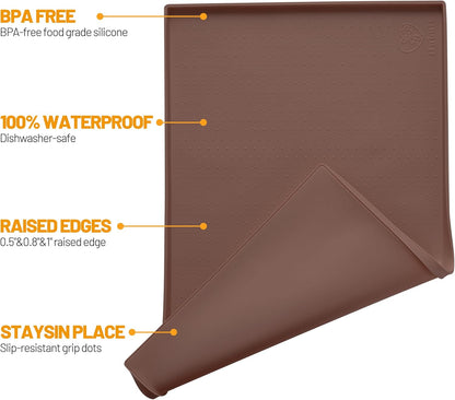 Hubulk Dog Feeding Mat,100% Waterproof Food Grade Silicone Pet Food and Water Bowl Placemat,Dishwasher, High Raised Edge to Prevent Spills,Nonslip Tray to Stop Messes on Floor (19"x12"x0.5", Grey)