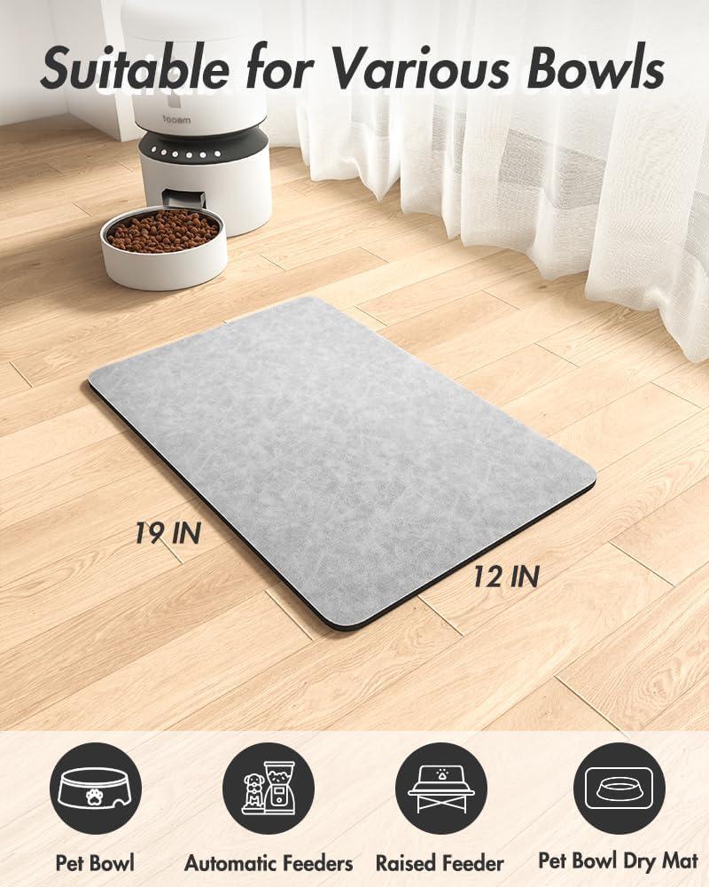 MontVoo Dog Food Mat-Pet Feeding Mat for Food and Water-No Stains Quick Dry Dispenser Cat Bowl Mat for Messy Drinkers(12"x19" Dark Grey)