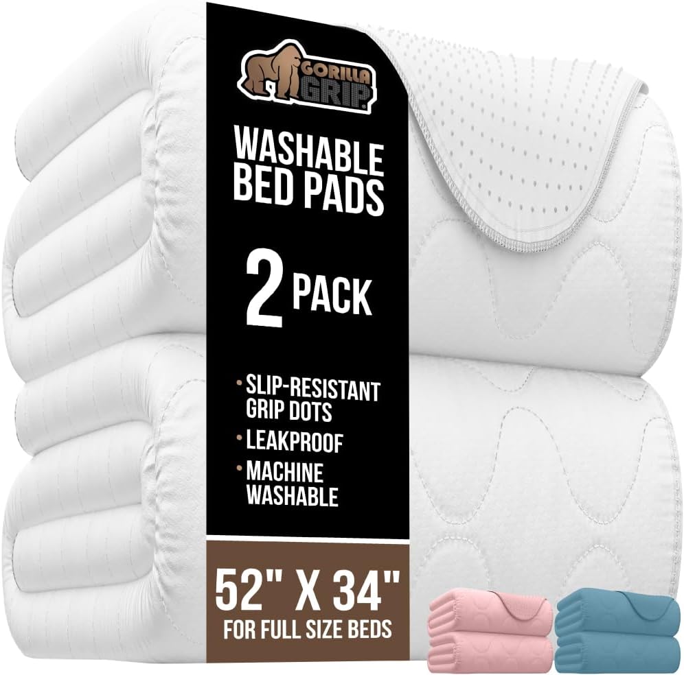 GORILLA GRIP Washable Underpads, Waterproof Reusable Heavy Absorbency Incontinence Bed Pads, Leak Proof Toddler Mattress Pad, 52x34 Slip Resistant Protector for Bedwetting, Adults and Kids, White