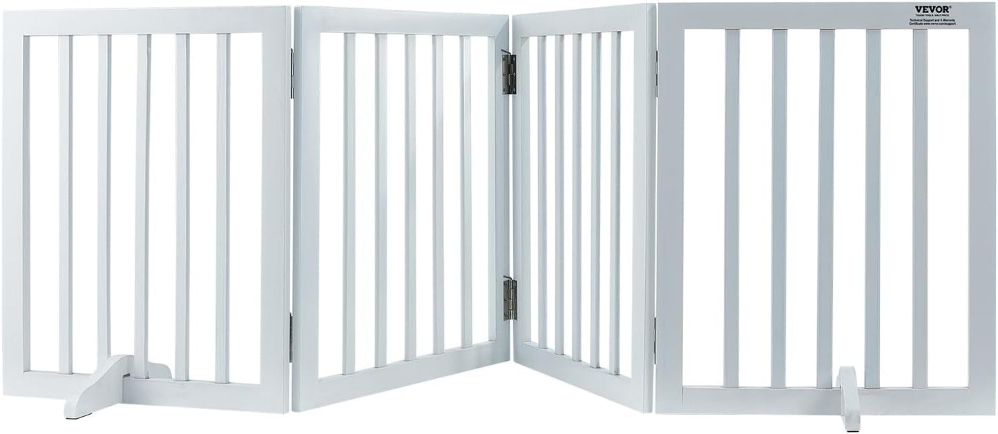 VEVOR Freestanding Pet Gate, Wooden 24" H x 80" W, 4-Panel Foldable Gate for Wide & Narrow Passageways, Expandable Dog Barrier with Silent Foot Support, White