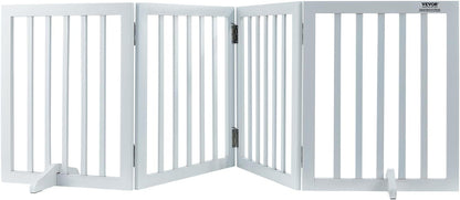 VEVOR Freestanding Pet Gate, Wooden 24" H x 80" W, 4-Panel Foldable Gate for Wide & Narrow Passageways, Expandable Dog Barrier with Silent Foot Support, White