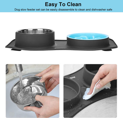 Anipaw Slow Feeder Dog Bowls 3 in 1 Stainless Steel Food and Water Bowls with Non-Spill and Skid Silicone Mat to Slow Down Eating for Large Medium Small Breed Size Dogs and Cats