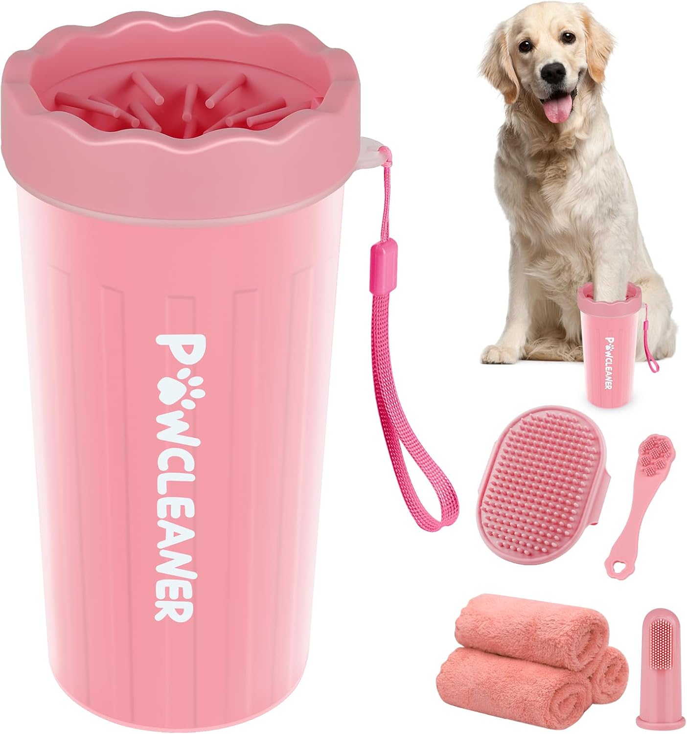Professional 7 in 1 Dog Paw Cleaner for Dogs & Cats - Includes 1 Portable Paw Washer, 1 Bath Brush, 2 Dog Toothbrushes and 3 Absorbent Towels Note: Fits Paws up to 2 Inches Wide (Small, Blue)