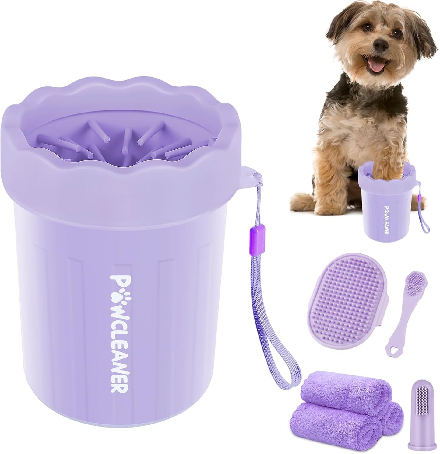Professional 7 in 1 Dog Paw Cleaner for Dogs & Cats - Includes 1 Portable Paw Washer, 1 Bath Brush, 2 Dog Toothbrushes and 3 Absorbent Towels Note: Fits Paws up to 2 Inches Wide (Small, Blue)