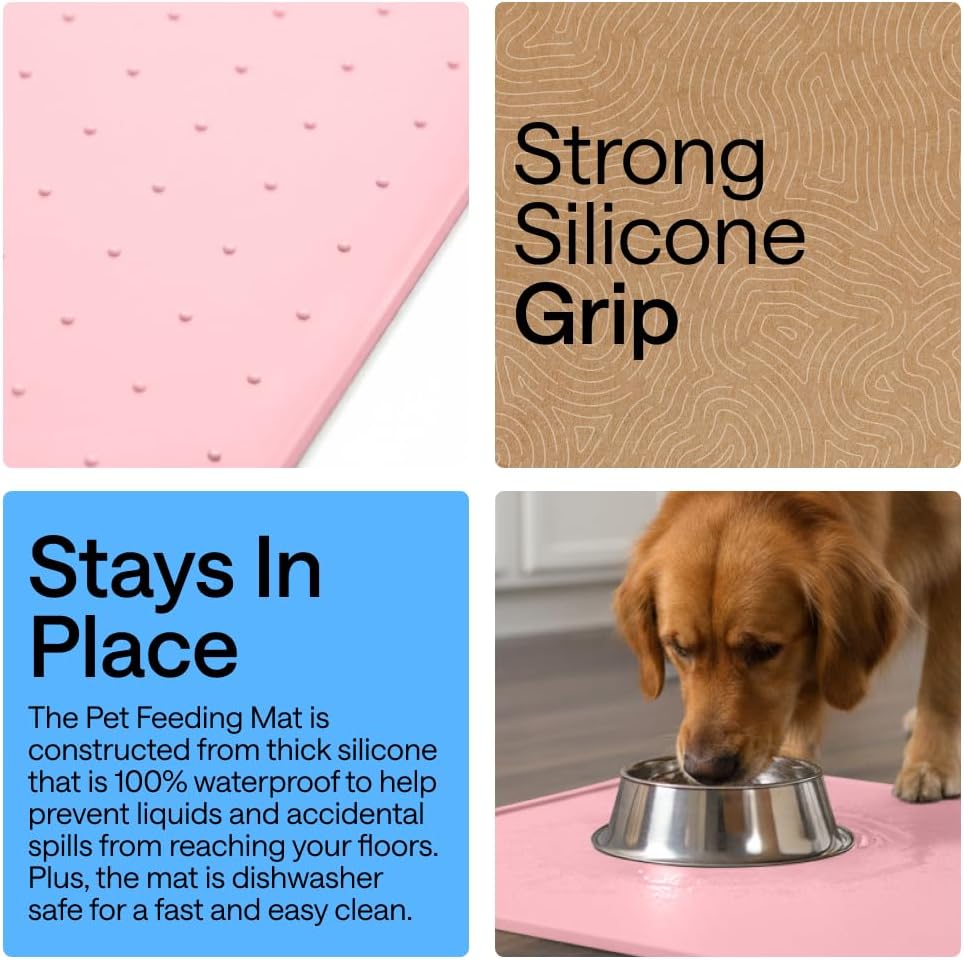GORILLA GRIP 100% Waterproof Raised Edge BPA Free Silicone Pet Feeding Mat, Dog Cat Food Mats Contain Spills Protects Floors, Placemats for Cats and Dogs Water Bowl, 18.5x11.5, Gray