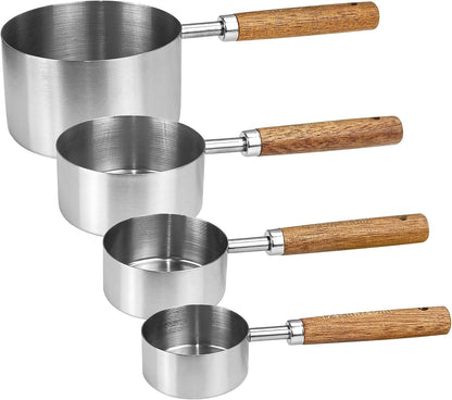 4 Pcs Dog Food Scoop, Stainless Steel 1 Cup, 1/2 Cup, 1/3 Cup, 1/4 Cup Measuring Cup, Cat Food Scoop with Wood Handle, Pet Food Scoop