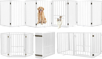 Metal Freestanding Dog Gate with Cat Door for Outdoor Indoor,80" Extra Wide Foldable Pet Fence,30" Tall Dog Gate for Large Opening,Stairs,Hallways,Doorways,Deck,Yard,with 3PCS Support(4 Panels,Black)