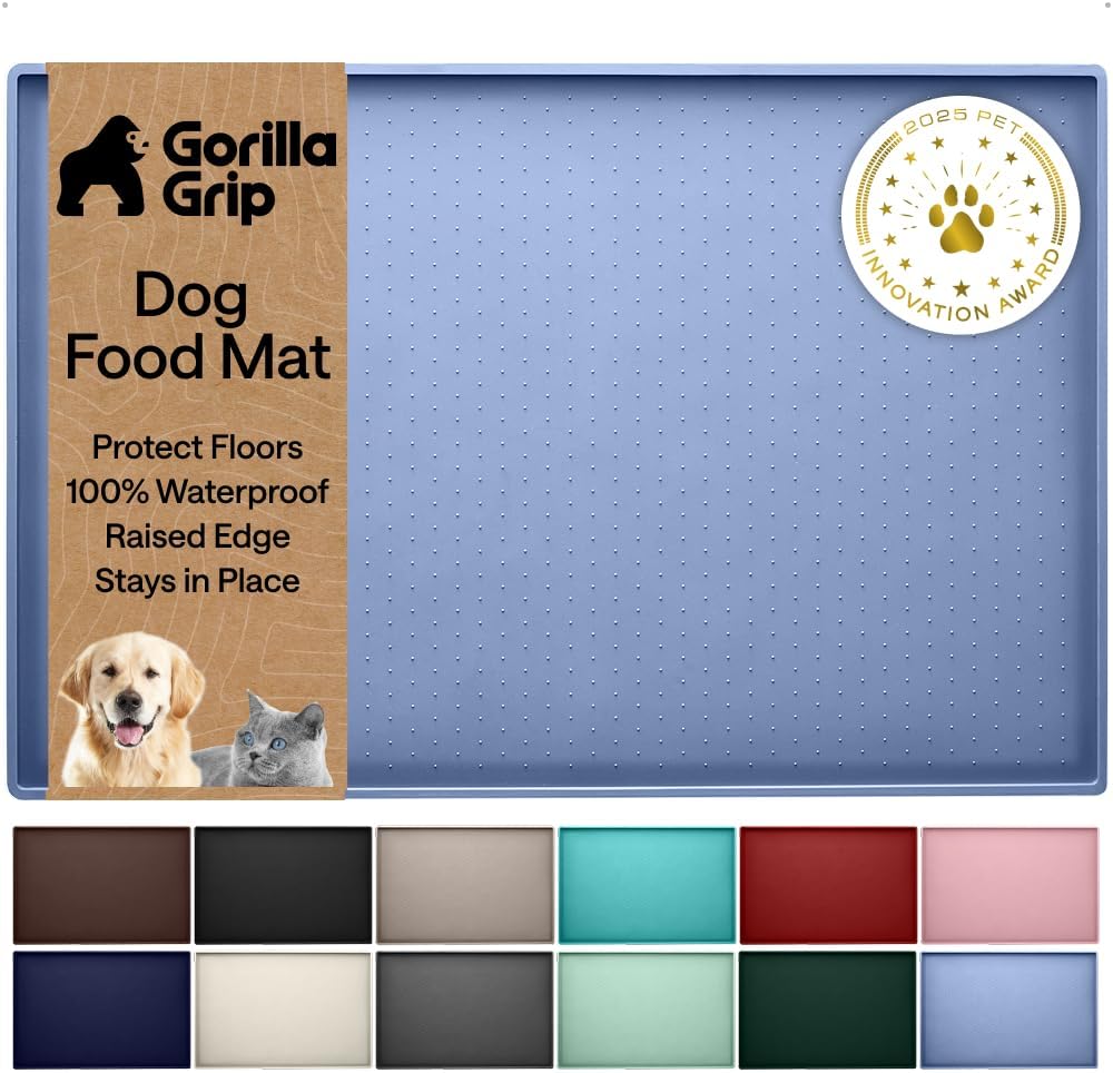 GORILLA GRIP 100% Waterproof Raised Edge BPA Free Silicone Pet Feeding Mat, Dog Cat Food Mats Contain Spills Protects Floors, Placemats for Cats and Dogs Water Bowl, 18.5x11.5, Gray