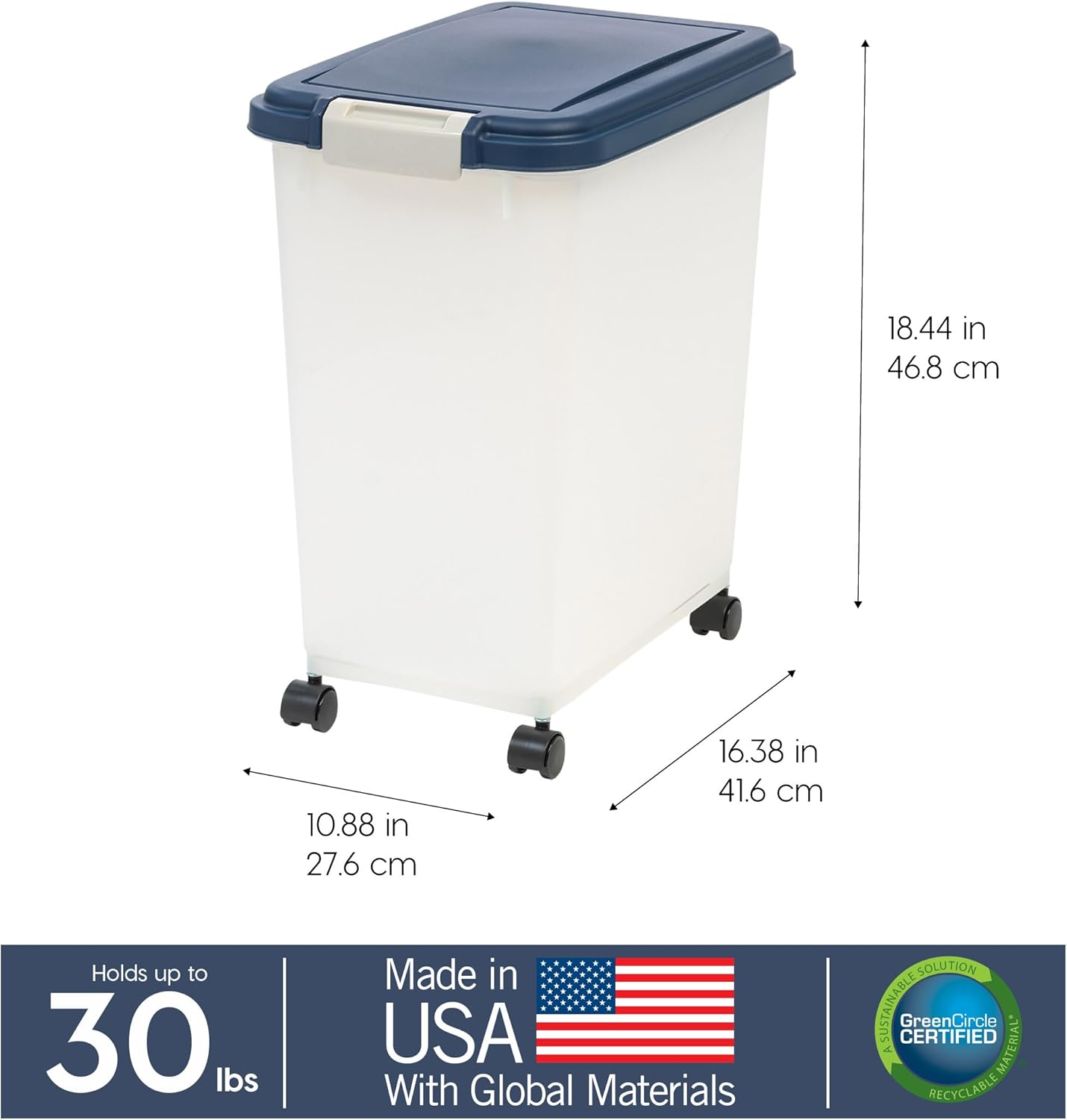 IRIS USA Dog Food Storage Container with Wheels, Airtight Lid, 2-Cup Scoop, Up to 30 Pounds Pet Food Storage, Built in Scoop Storage in Lid, Versatile Pet Food Bin, Portable, BPA Free, Gray/Dark Gray