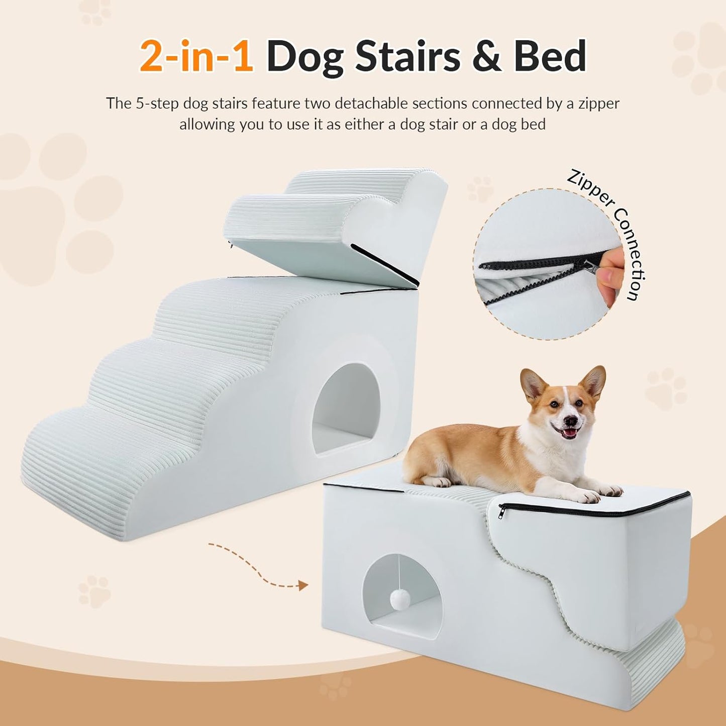 Dog Stairs for High Beds Up to 30" H with Tunnel,Extra Height 27.5" 5-Step Pet Steps for Small Dogs and Cats, Non-Slip Sturdy Dog Ramp with Anti-Tip Safety Strap and Removable Cover