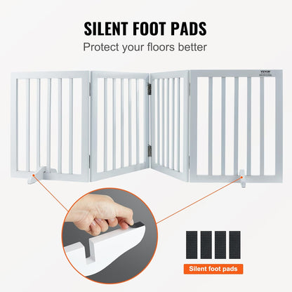 VEVOR Freestanding Pet Gate, Wooden 24" H x 80" W, 4-Panel Foldable Gate for Wide & Narrow Passageways, Expandable Dog Barrier with Silent Foot Support, White