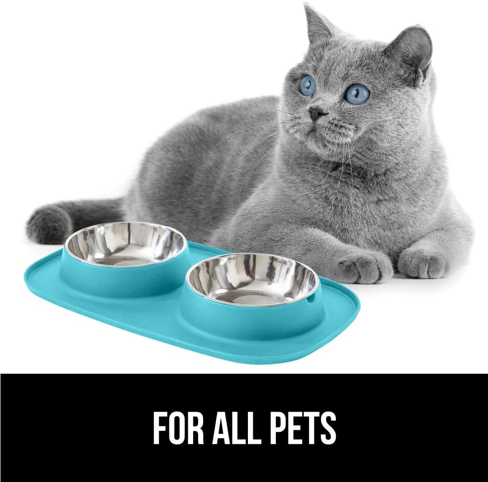 GORILLA GRIP Feeding Mat Set, Patent Pending 100% Waterproof BPA Free Silicone, Stainless Steel Cat and Dog Bowls, Slip Resistant, 1 Black mat/tray with 2 stainless steel bowls