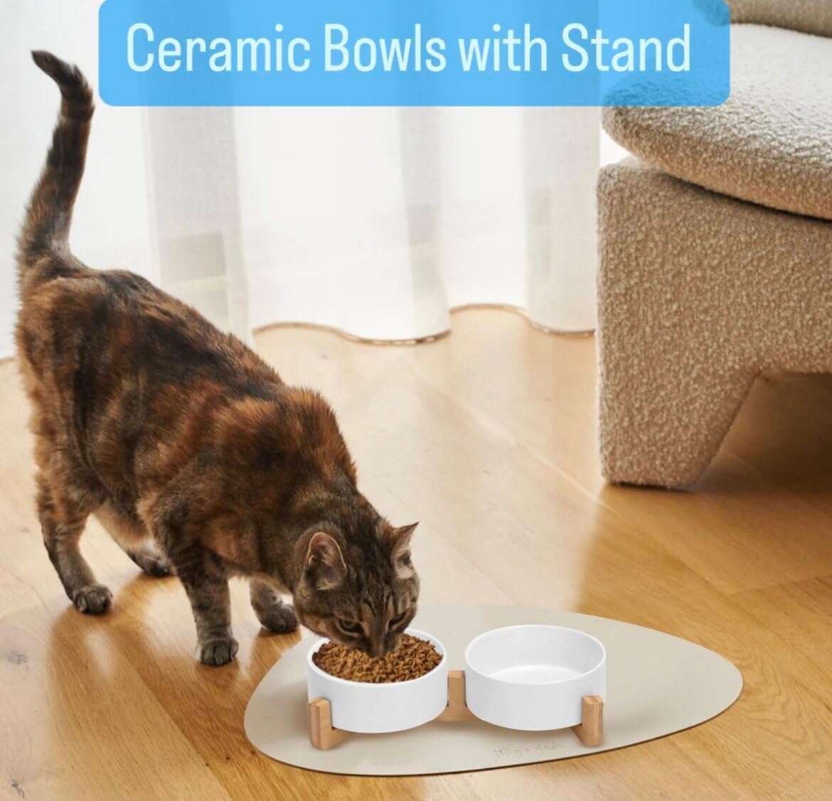 Ceramic Cat and Small Dog Bowl Set – Modern Indoor Small Size Pet Food and Water Bowls with Wood Stand – Non Slip Puppy Sized Feeding Station with Double Dishes (Gray)